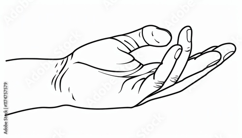 Line art drawing of a cupped hand. Can be used for illustrations related to giving receiving offering or holding.
