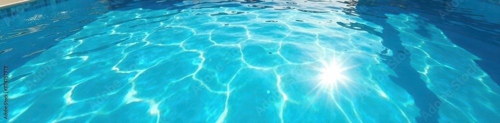 Fototapeta premium Azure blue pool water, shimmering sunlight reflections, bright, vibrant