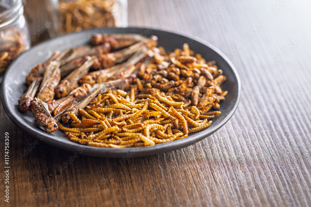 Dried salted insect. Mealworms, grasshoppers and crickets on plate on wooden table. Dried salted insect. Mealworms, grasshoppers and crickets on plate on wooden table.