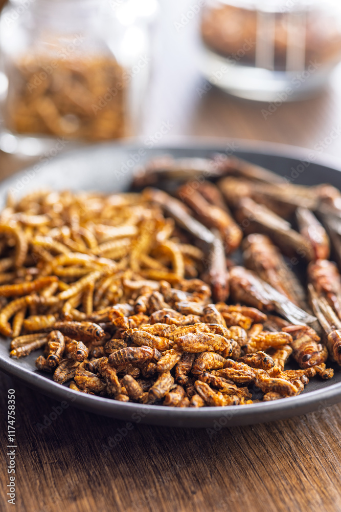 Dried salted insect. Mealworms, grasshoppers and crickets on plate on wooden table. Dried salted insect. Mealworms, grasshoppers and crickets on plate on wooden table.