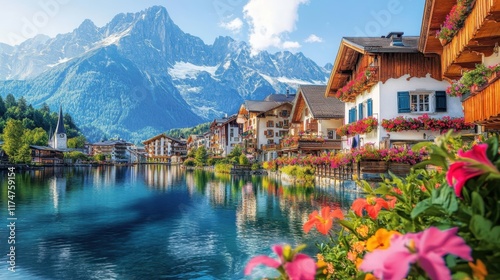 Idyllic alpine village, tranquil lake reflection, snow-capped mountains, traditional wooden chalets, colorful flowers in foreground, serene atmosphere, blue sky with wispy clouds, picturesque landscap