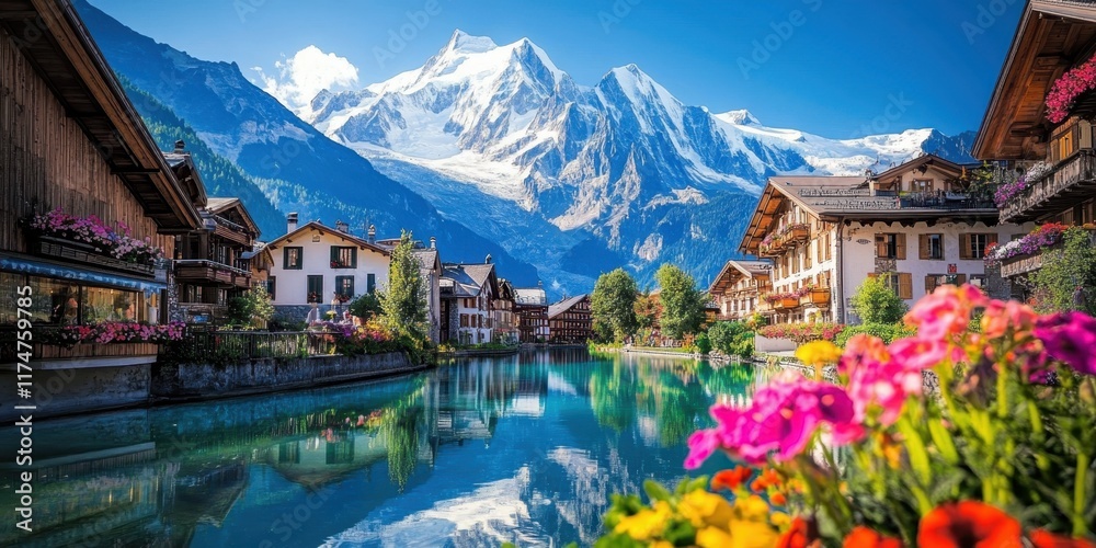 Fototapeta premium Idyllic alpine village, tranquil lake reflection, snow-capped mountains, traditional wooden chalets, colorful flowers in foreground, serene atmosphere, blue sky with wispy clouds, picturesque landscap