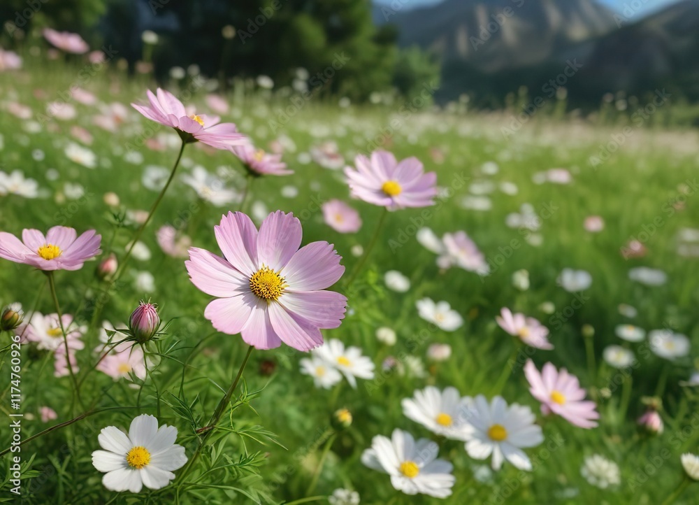 Soft pink and white cosmos flowers gently swaying in the green landscape, planting, scenic, landscape, wildflowers