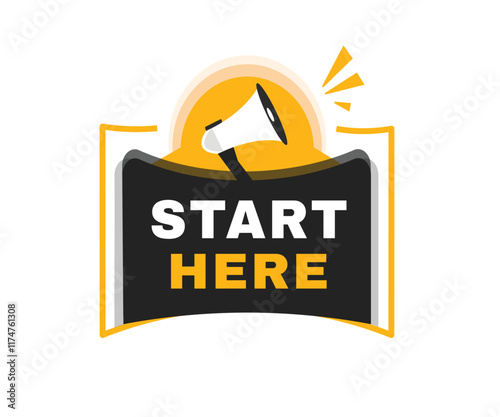 Start here banner flat label and icon megaphone. Vector illustration design sign.