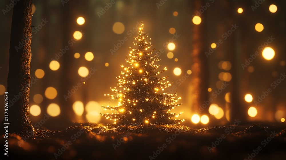 Naklejka premium Christmas tree in a mystical forest with warm golden lights.