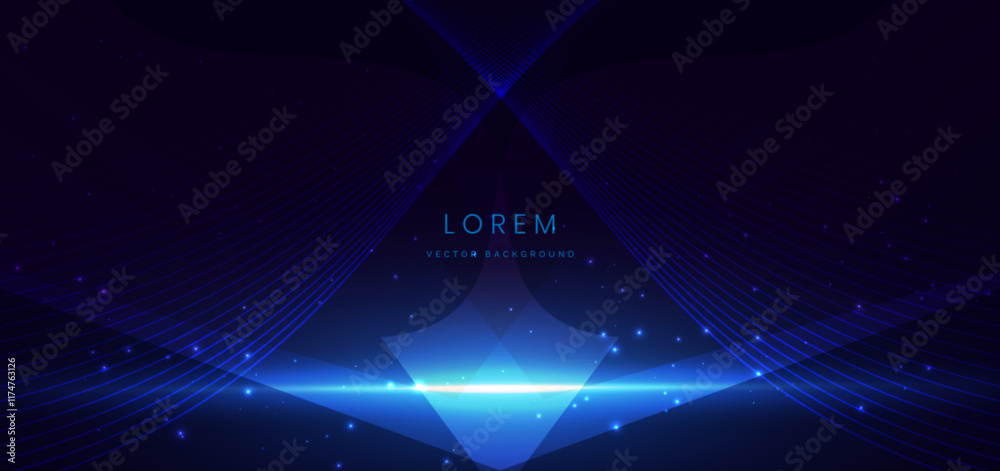 Abstract glowing neon blue wave lines on dark blue background. Hi-speed concept design.