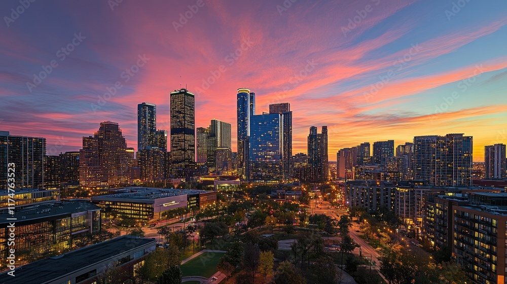 Fototapeta premium A breathtaking view of the Chicago cityscape at dusk, skyscrapers lit up against a colorful sunset sky, highlighting the bustling urban vibe.