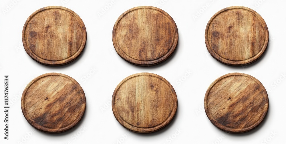 empty wooden round pizza board, white background: front view, side view, and top view. Ultra-realistic photography. empty wooden round pizza board, white background: front view, side view, and top view. Ultra-realistic photography.