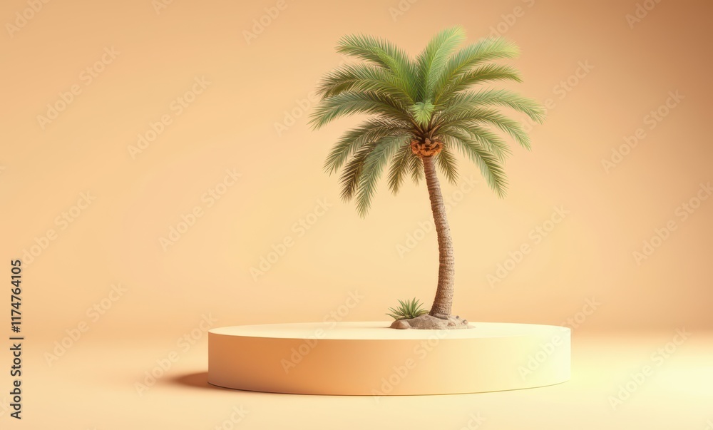 Lush palm tree on a minimalist pedestal Lush palm tree on a minimalist pedestal