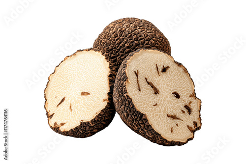 Fresh Bianchetto truffles isolated on white transparent background, great for culinary and gourmet themes.