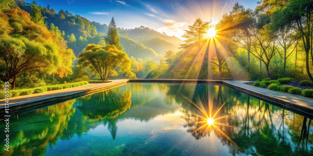 Obraz premium Serene Sunrise Reflecting in a Tranquil Garden Pond with Lush Greenery and Sunbeams