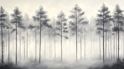 Wallpaper Mural Monochromatic misty pine forest landscape. Torontodigital.ca