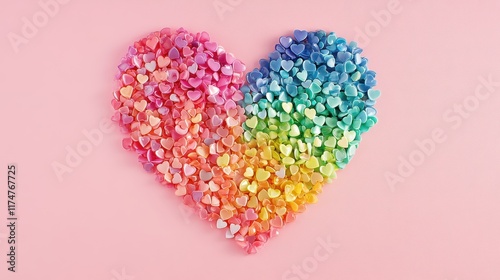 Colorful Heart-Shaped Candy Composition on Pink Background, Symbol of Love and Sweetness