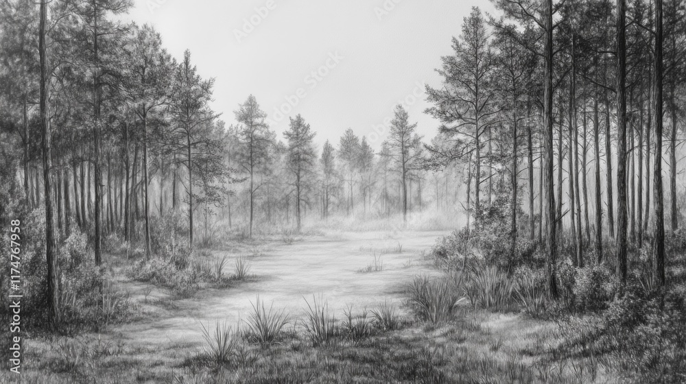 Monochromatic pencil sketch of a misty pine forest with a clearing. Monochromatic pencil sketch of a misty pine forest with a clearing.