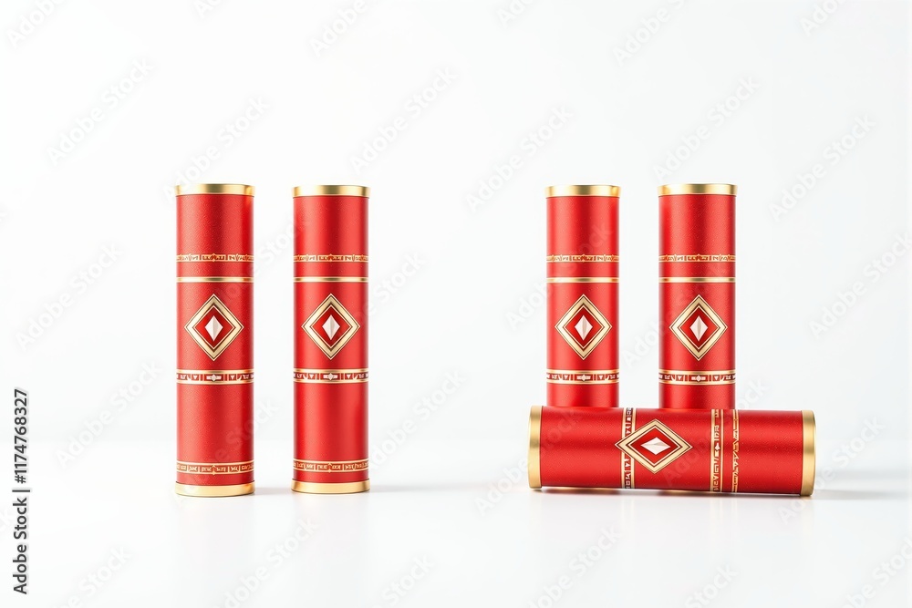 Red cylindrical tubes with gold accents and diamond logo pattern, set on white. Elegant, modern packaging design concept. Ai generative Red cylindrical tubes with gold accents and diamond logo pattern, set on white. Elegant, modern packaging design concept. Ai generative