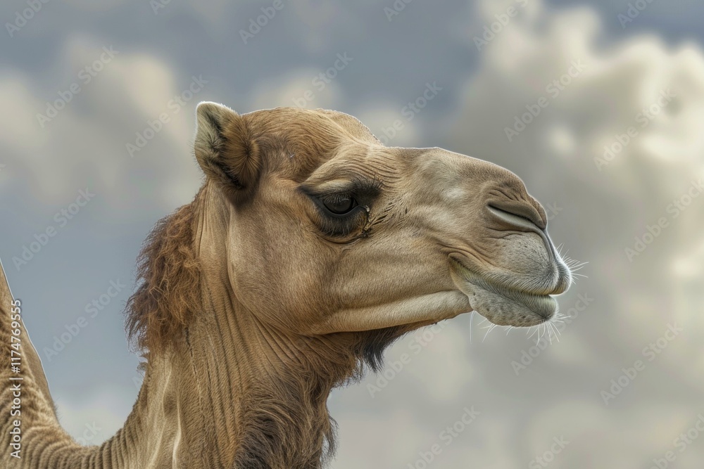 Fototapeta premium Dromedary camel is standing in profile with its mouth slightly open