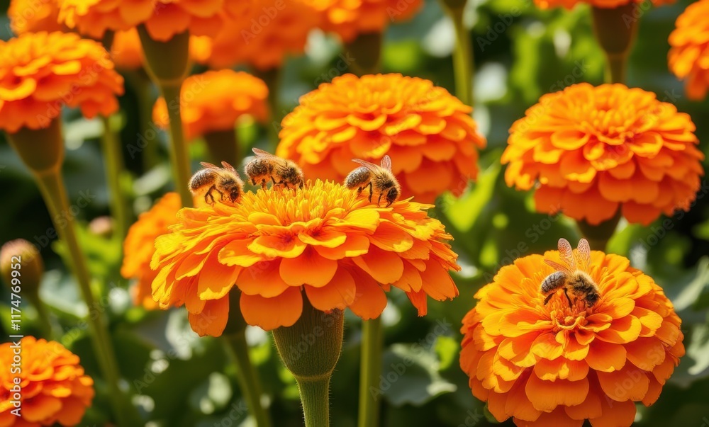 Bees pollinating vibrant orange flowers Bees pollinating vibrant orange flowers