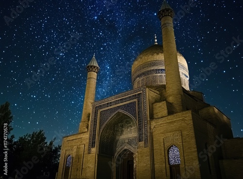 mosque at night with starry sky in the background, stock photo, high resolution photography, high definition photo