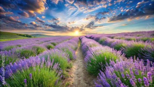 A Serene Sunset Path Through a Vibrant Lavender Field  Bathed in Golden Light and Peaceful Atmosphere