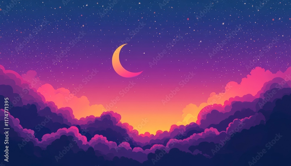 Night sky with a crescent moon and a colorful sunset, with space for the text Peaceful night in nature, suitable for a banner design, banner background, or banner template. Night sky with a crescent moon and a colorful sunset, with space for the text Peaceful night in nature, suitable for a banner design, banner background, or banner template.