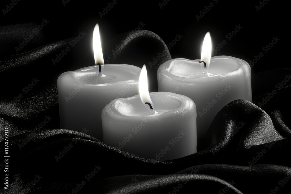 Three Lit Candles Resting On Black Silk Fabric Three Lit Candles Resting On Black Silk Fabric