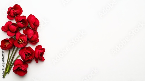 Red Blooms on White: A delicate cluster of vibrant red blossoms nestled in the corner of a pristine white background, creating a minimalist and elegant visual.
