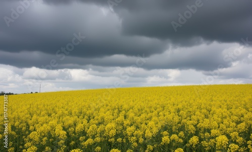 Vibrant yellow field under dark clouds