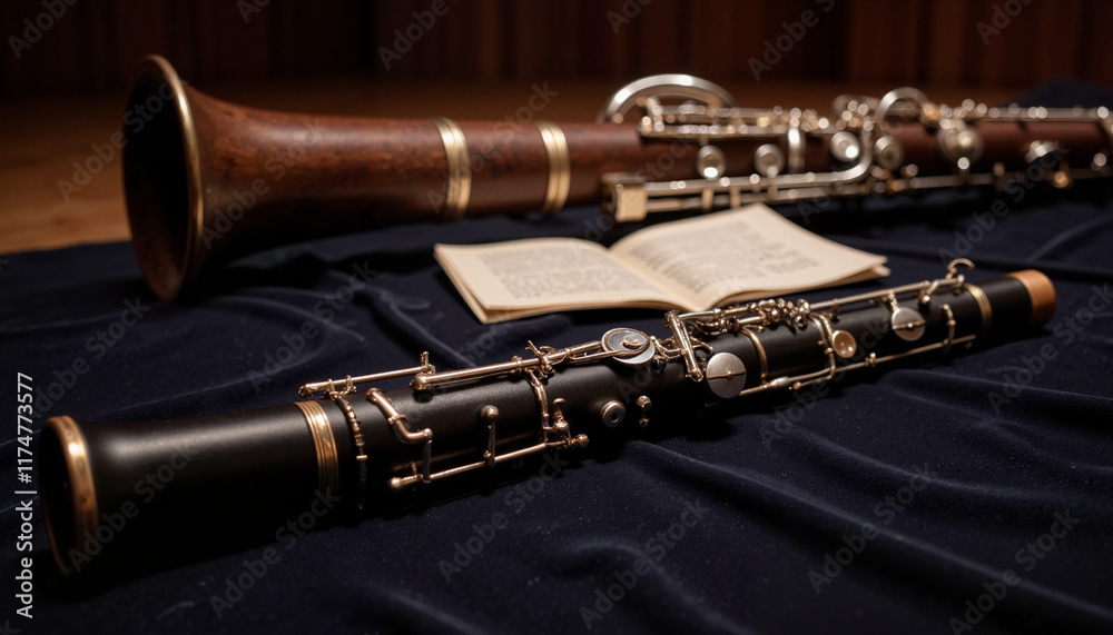Naklejka premium Woodwind instruments on black velvet with open sheet music