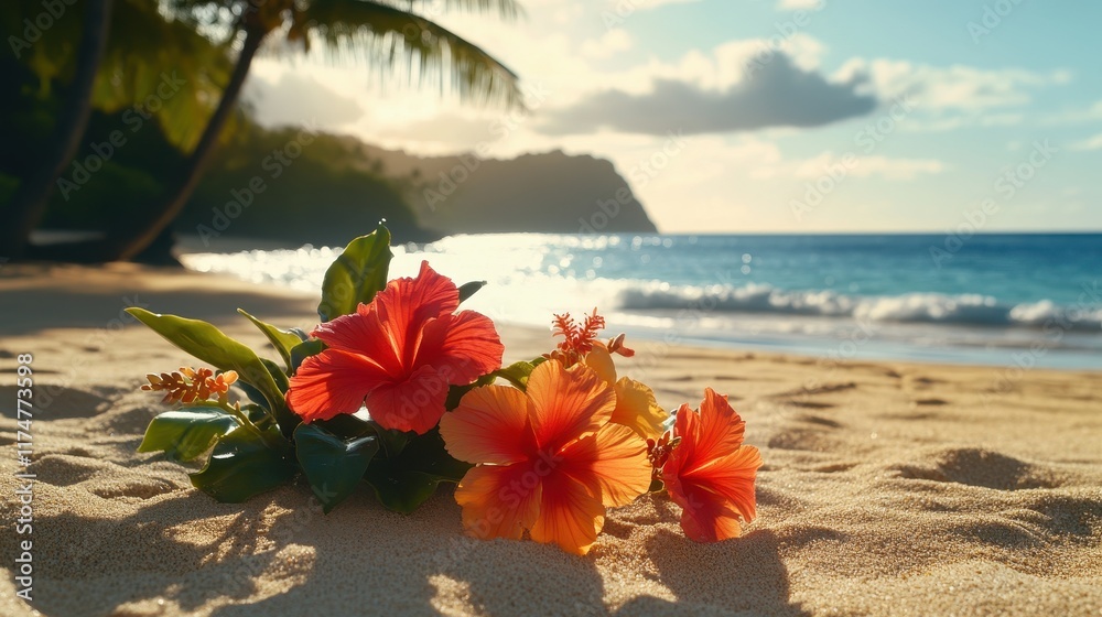 Vibrant Tropical Hibiscus Flowers on Sandy Beach with Gentle Waves and Scenic Background of Palm Trees and Ocean at Sunset Vibrant Tropical Hibiscus Flowers on Sandy Beach with Gentle Waves and Scenic Background of Palm Trees and Ocean at Sunset