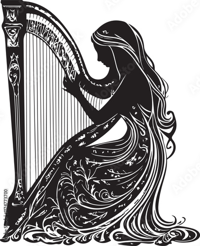 illustration of woman playing harp