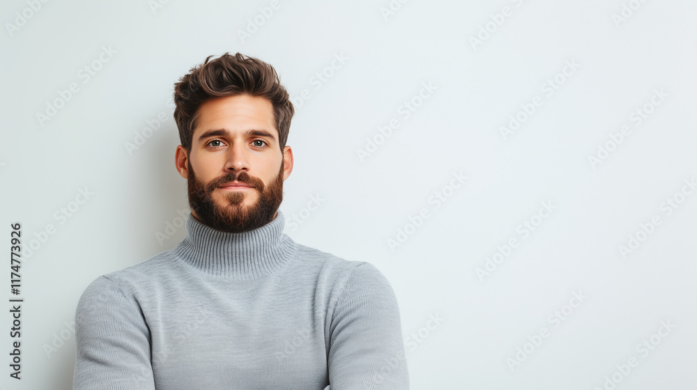 confident man with beard wearing gray turtleneck sweater poses against light background, exuding calm demeanor. confident man with beard wearing gray turtleneck sweater poses against light background, exuding calm demeanor.