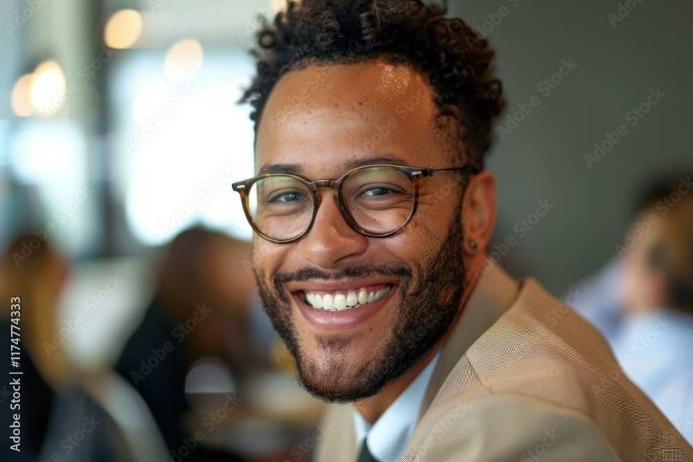 Fototapeta premium Portrait of a young businessman with eyeglasses smiling during a work meeting in a modern office