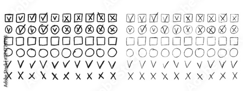 Set of checkboxes. Tick and check marks pack. Cross and v sign pencil drawn. Correct and wrong symbols. Vector doodle collection illustration isolated on white background.