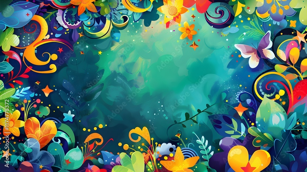 Fototapeta premium Vibrant Kaleidoscopic Fantasy Landscape with Whimsical Floral and Celestial Elements