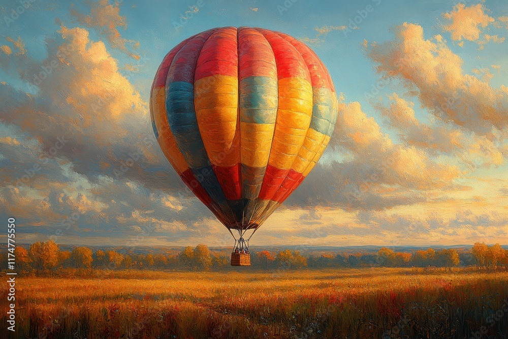 Obraz premium Colorful hot air balloon soaring over a vibrant autumn landscape at sunrise in a tranquil field