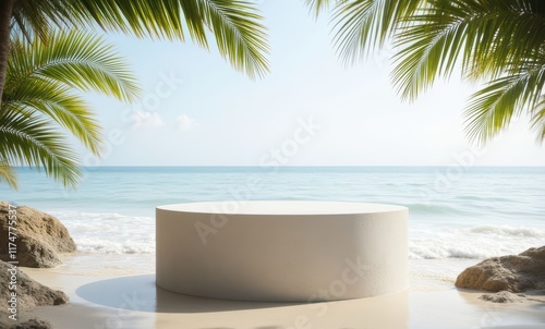 Serene beach setting with white pedestal photo