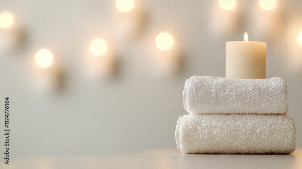 A serene spa setting featuring stacked white towels and a lit candle, creating a calming atmosphere with soft, blurred lights in the background. A serene spa setting featuring stacked white towels and a lit candle, creating a calming atmosphere with soft, blurred lights in the background.