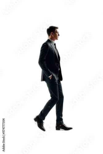 Businessman walking, city background, profile view, success concept.