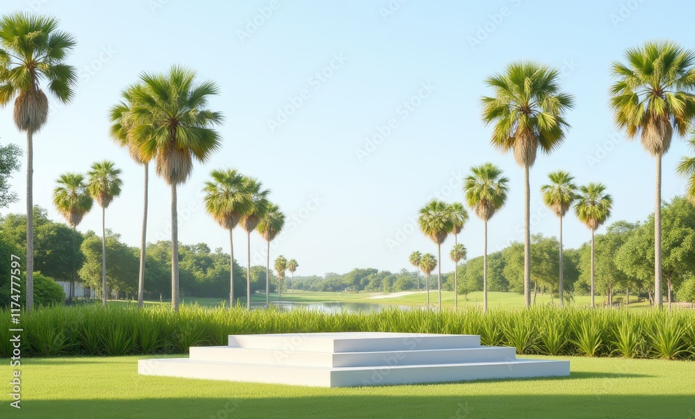 Serene park with palm trees and platform Serene park with palm trees and platform