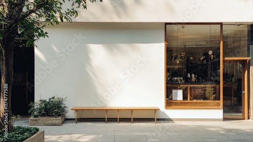 A bright, minimalist coffee shop exterior with a clean white wall, large glass panels, and a wooden bench outside.