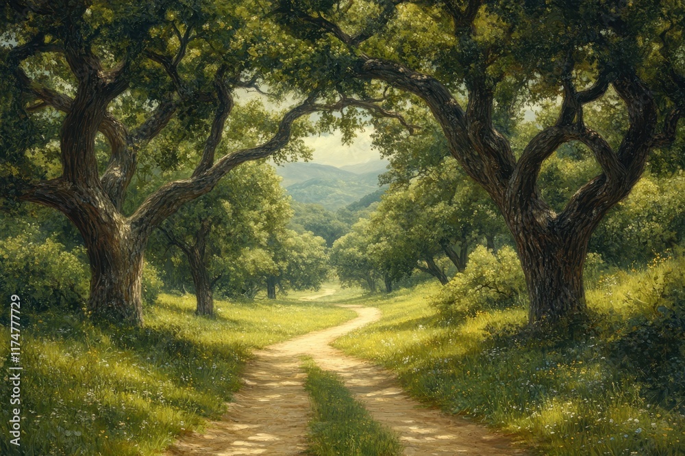 Obraz premium Serenity along a winding path through lush greenery in a tranquil forest setting
