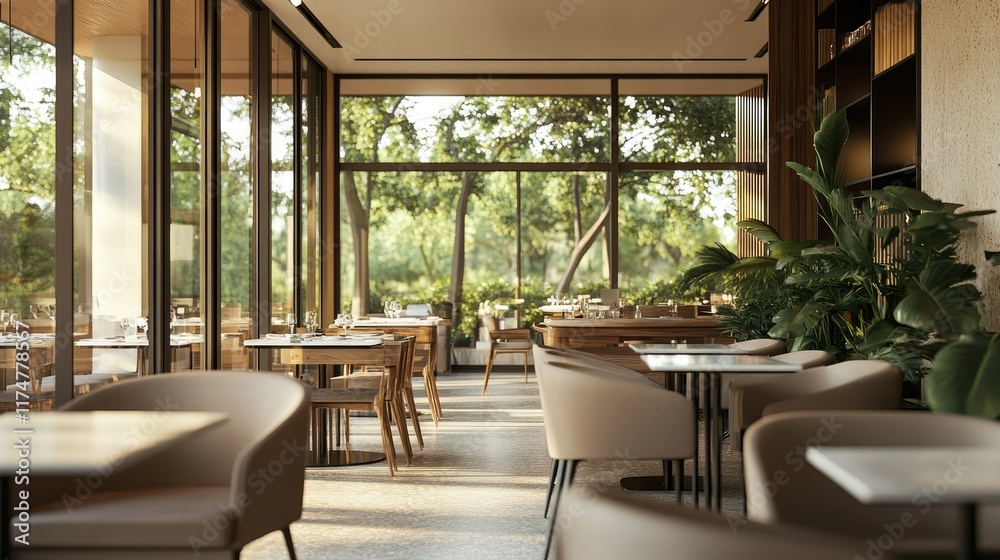 Fototapeta premium A contemporary restaurant lounge area with comfortable armchairs, sleek tables, and natural light streaming through windows.