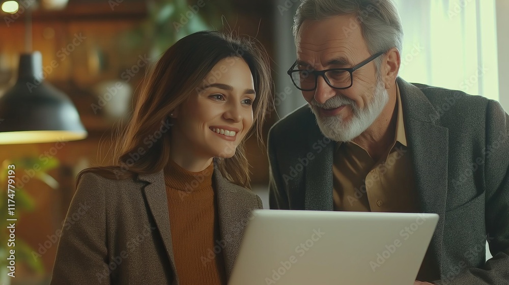 Fototapeta premium Two business executives engage in a productive discussion, sharing ideas and strategies while looking at a laptop. The warm atmosphere enhances their teamwork in a modern office space