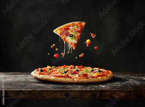 Photo of a pizza with various toppings on a dark background, a slice cut out and flying in the air. The top right corner is left blank for copy space. Black wooden table surface. Studio lighting.  photo