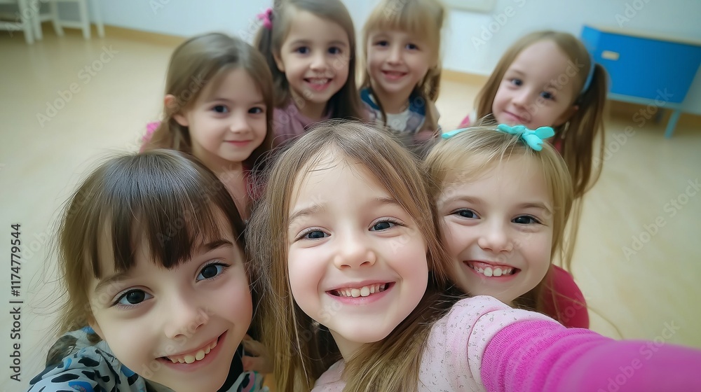 A group of cheerful schoolgirls smile brightly while taking a selfie in their lively classroom. Their happiness radiates as they enjoy each other's company on a sunny school day A group of cheerful schoolgirls smile brightly while taking a selfie in their lively classroom. Their happiness radiates as they enjoy each other's company on a sunny school day