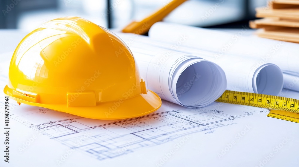 Yellow Hard Hat on Architectural Plans with Measuring Tape and Roll Yellow Hard Hat on Architectural Plans with Measuring Tape and Roll