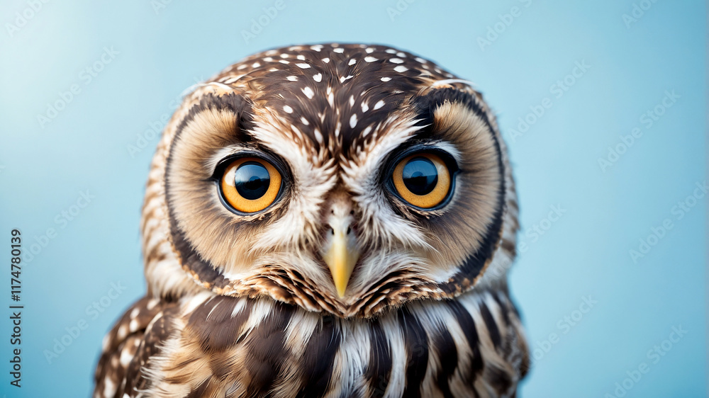 Obraz premium Adorable Little Owl with Wide Eyes Standing Against a Blue Background