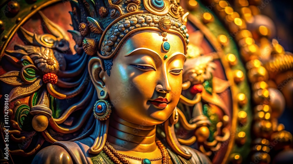 Close-up Macro Shot of Serene Kuan Yin Statue Detail, Peaceful Buddhist Deity Close-up Macro Shot of Serene Kuan Yin Statue Detail, Peaceful Buddhist Deity