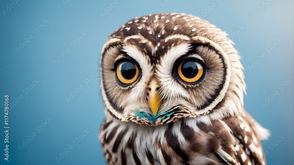 Obraz premium Adorable Little Owl with Wide Eyes Standing Against a Blue Background