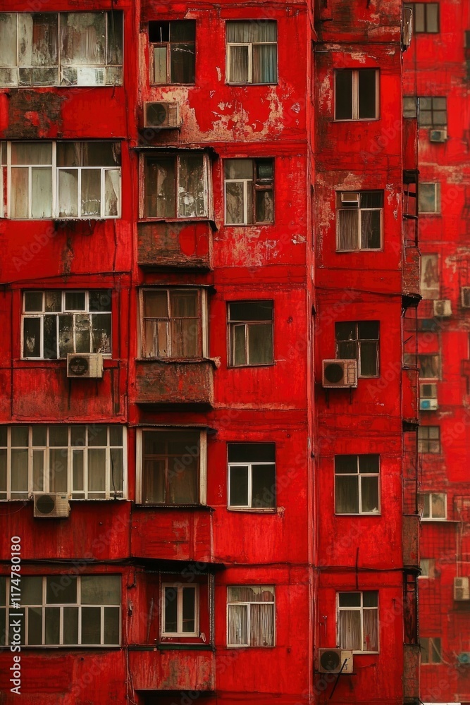 Fototapeta premium Red Building Exterior With Many Windows And Air Conditioners